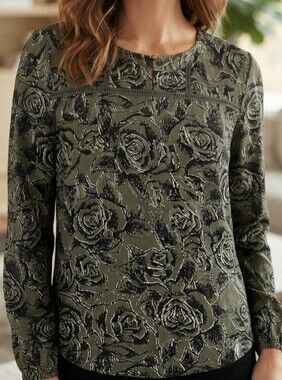 Tribal Olive Green Rose Print Long-Sleeve Blouse